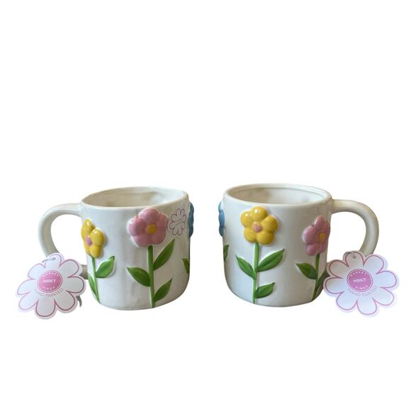 Hand Painted 3D Spring Floral Ceramic Mugs Pink Blue Yellow Set of 2 NEW - Picture 13 of 16